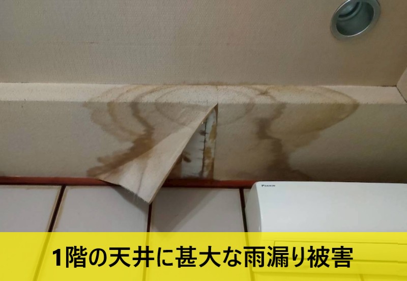 1階の天井　甚大な雨漏り　大きなシミ　天井クロスが剥がれている